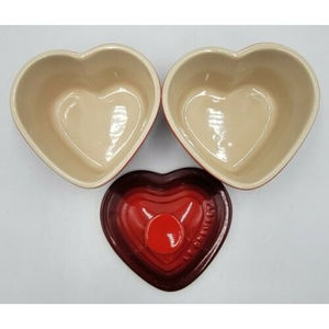 Two Le Creuset Ramekins Heart Shaped Red 8 oz. One missing lid
